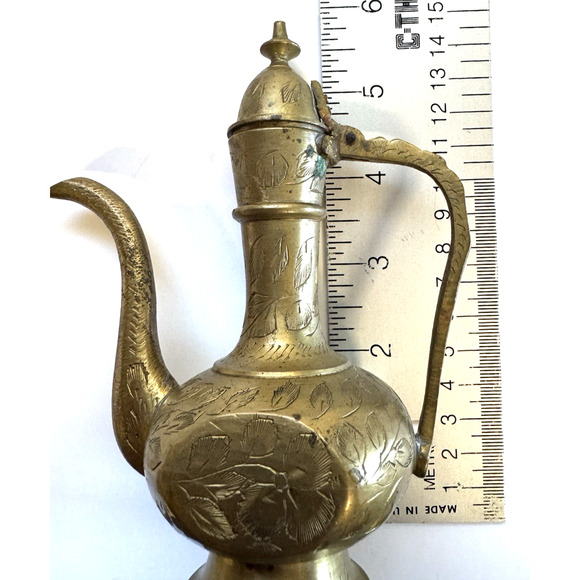 Vintage Etched Brass Pitcher 6" Ewer, Aftaba-Intricate Engravings Made in India - Picture 5 of 7